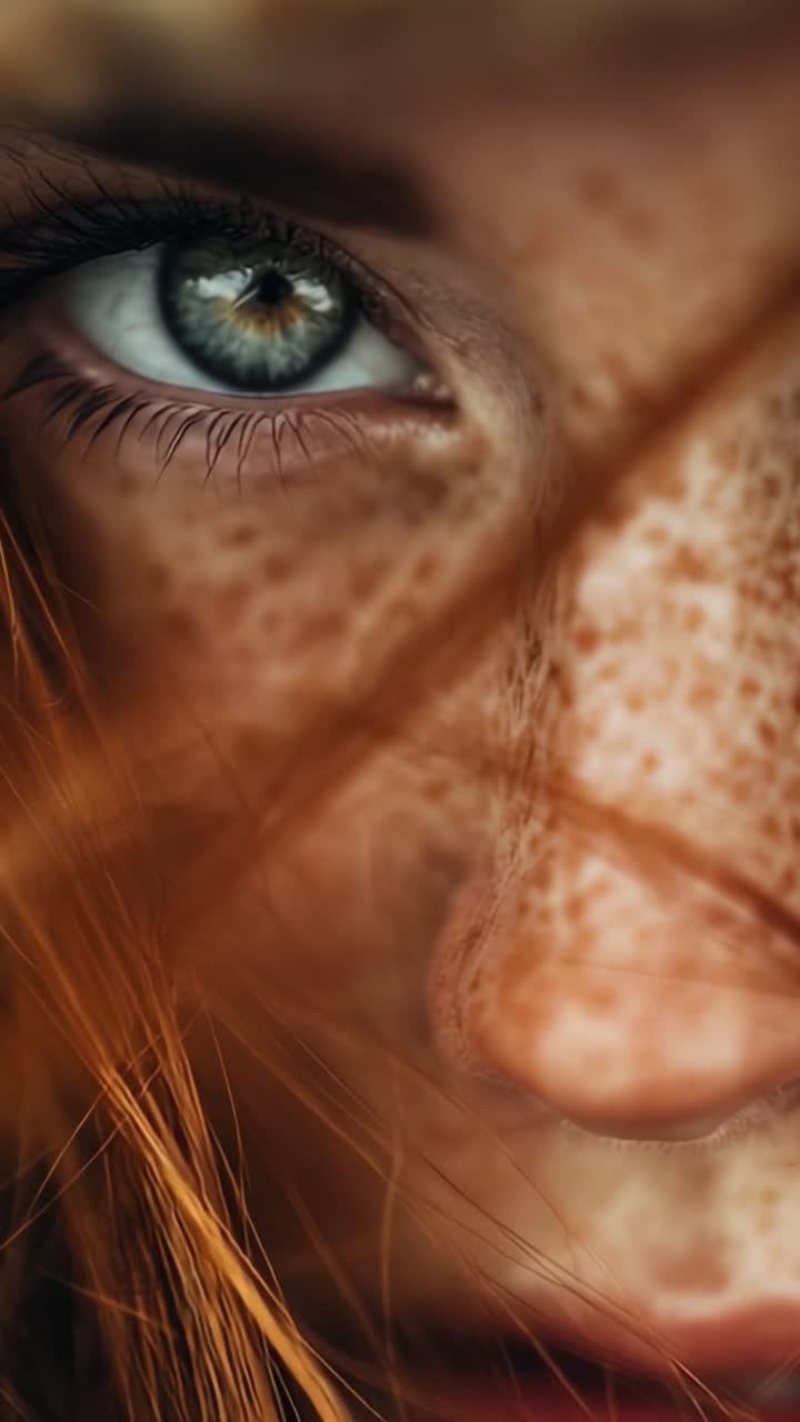A Close-Up Portrait of a Young Woman with Freckles, Capturing Her Mesmerizing Eye and Flowing Red Hair in a Moment of Intensity and Emotion