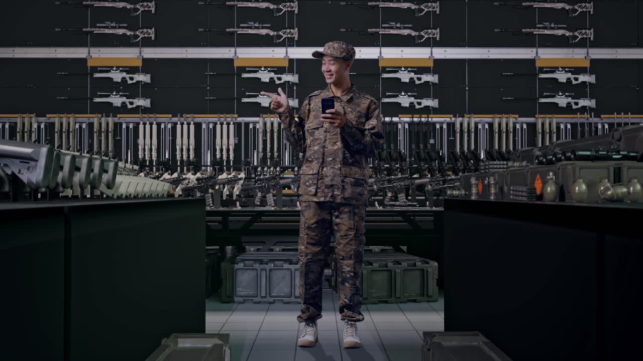 スマートフォンを使い、横を指さすアジア人男性兵士の全身図（軍の武器庫にて）。