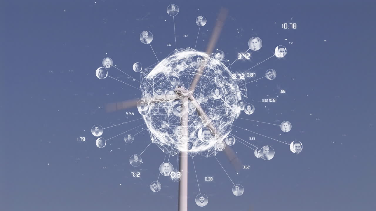 연결 네트워크와 풍력 터빈을 통한 데이터 처리로 지구의 애니메이션