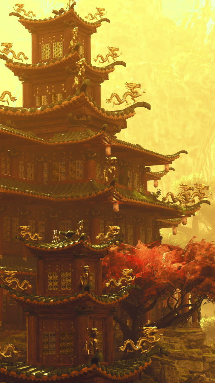 Majestic ancient pagoda rises beside vibrant autumn trees in serene landscape