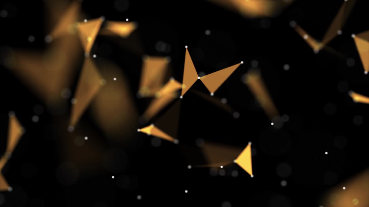 3d animation of abstract yellow plexus shapes on black background. Continuously moving dots and triangles. 60FPS