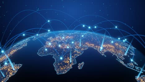 la globalización tecnológica de la tierra en animación 3d. puntos de negocios globales en un planeta giratorio.
