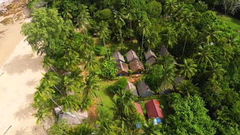 aerial circling typical thai houses among palm trees on bamboo beach