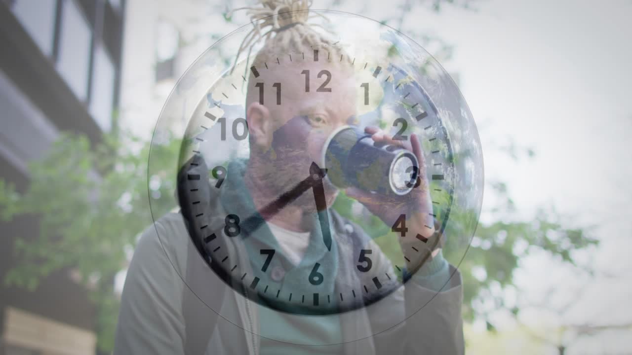 Man glancing at phone and sipping coffee in city for business, clock overlay tracking time