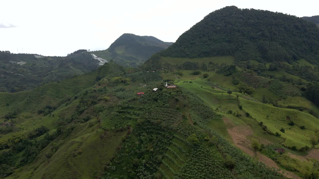 Colombia green hills alpine landscape drone South America terraced gardens