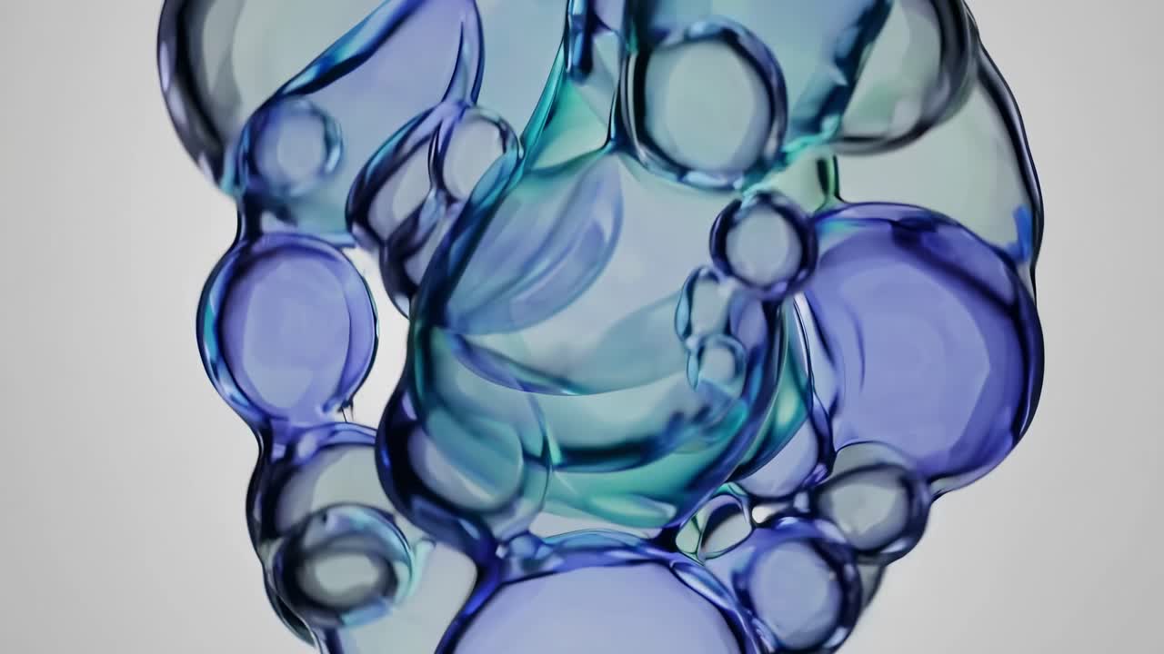Video astratto di bolle traslucide blu-verdi che fluttuano su uno sfondo bianco