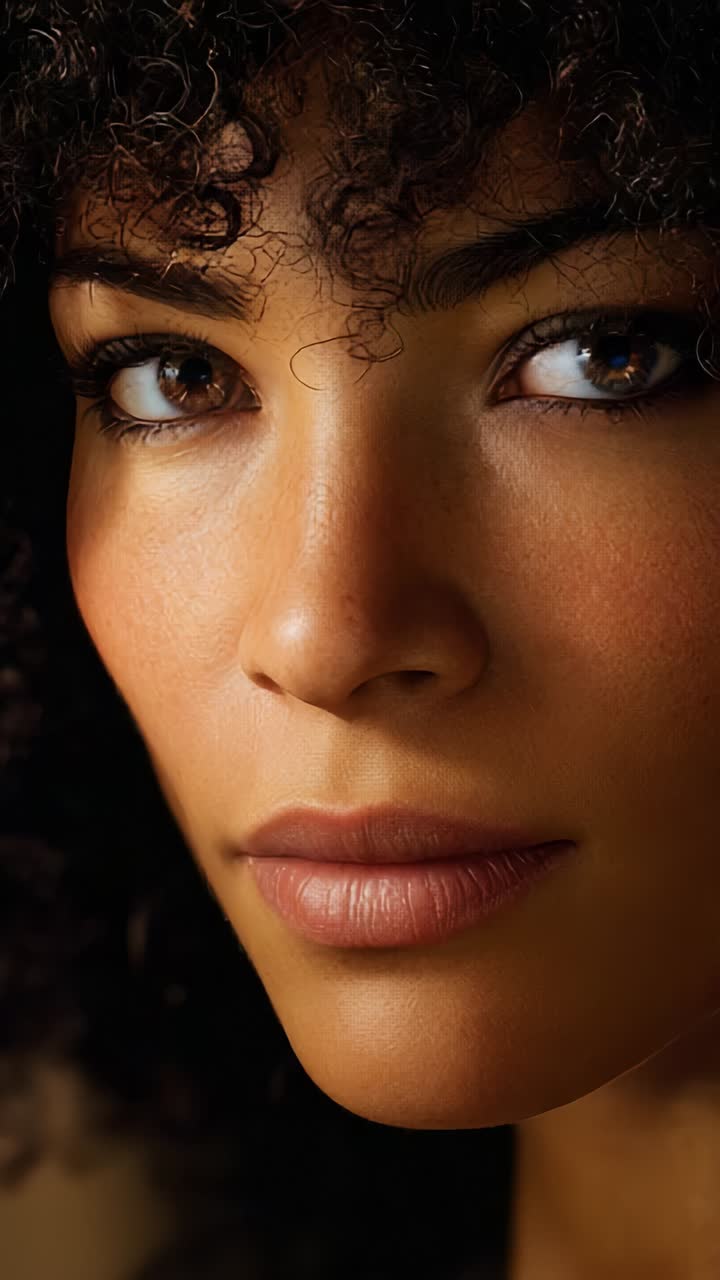 Close-Up Portrait of a Woman with Curly Hair and Expressive Eyes Capturing a Moment of Introspection and Depth in a Studio Setting