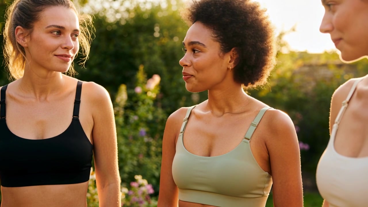 Trois femmes ajustant des brassières de sport à fermeture avant dans un jardin, se préparant pour une séance d'entraînement en extérieur.
