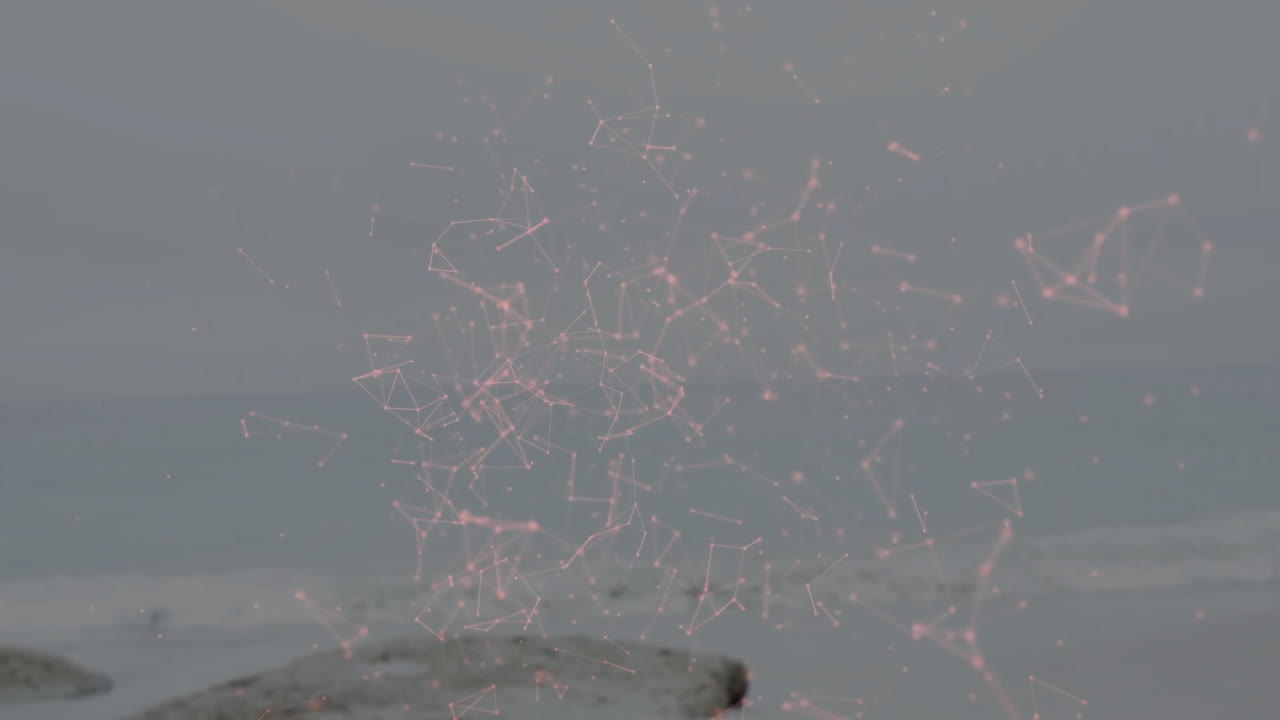 Pink network of connections animation over ocean waves and rocky shore