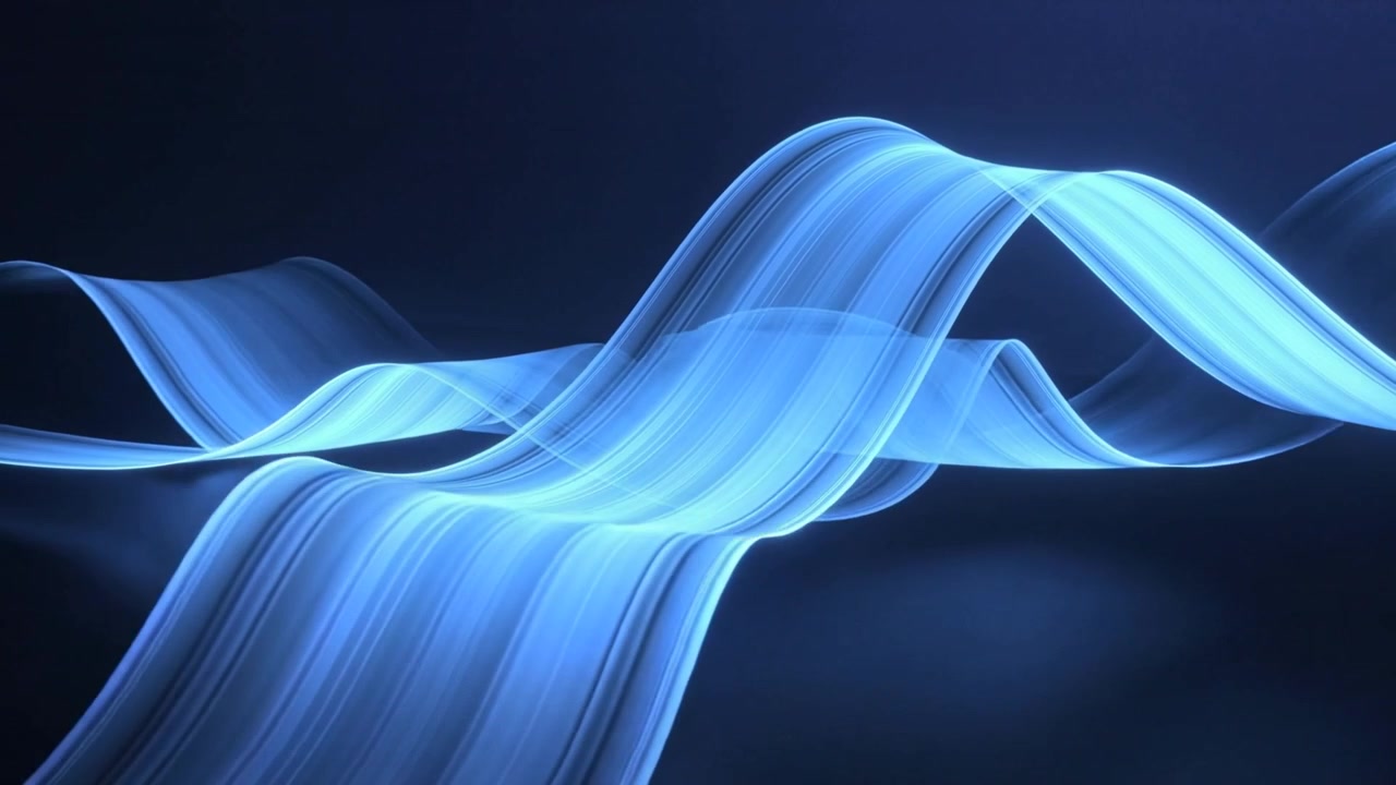 Entering from left, blue ribbons streaking, twisting across dark plane, forming sweeping waves