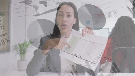 animation of data processing over caucasian businesswoman in office