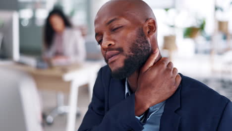 Black-man,-neck-pain-and-business-stress