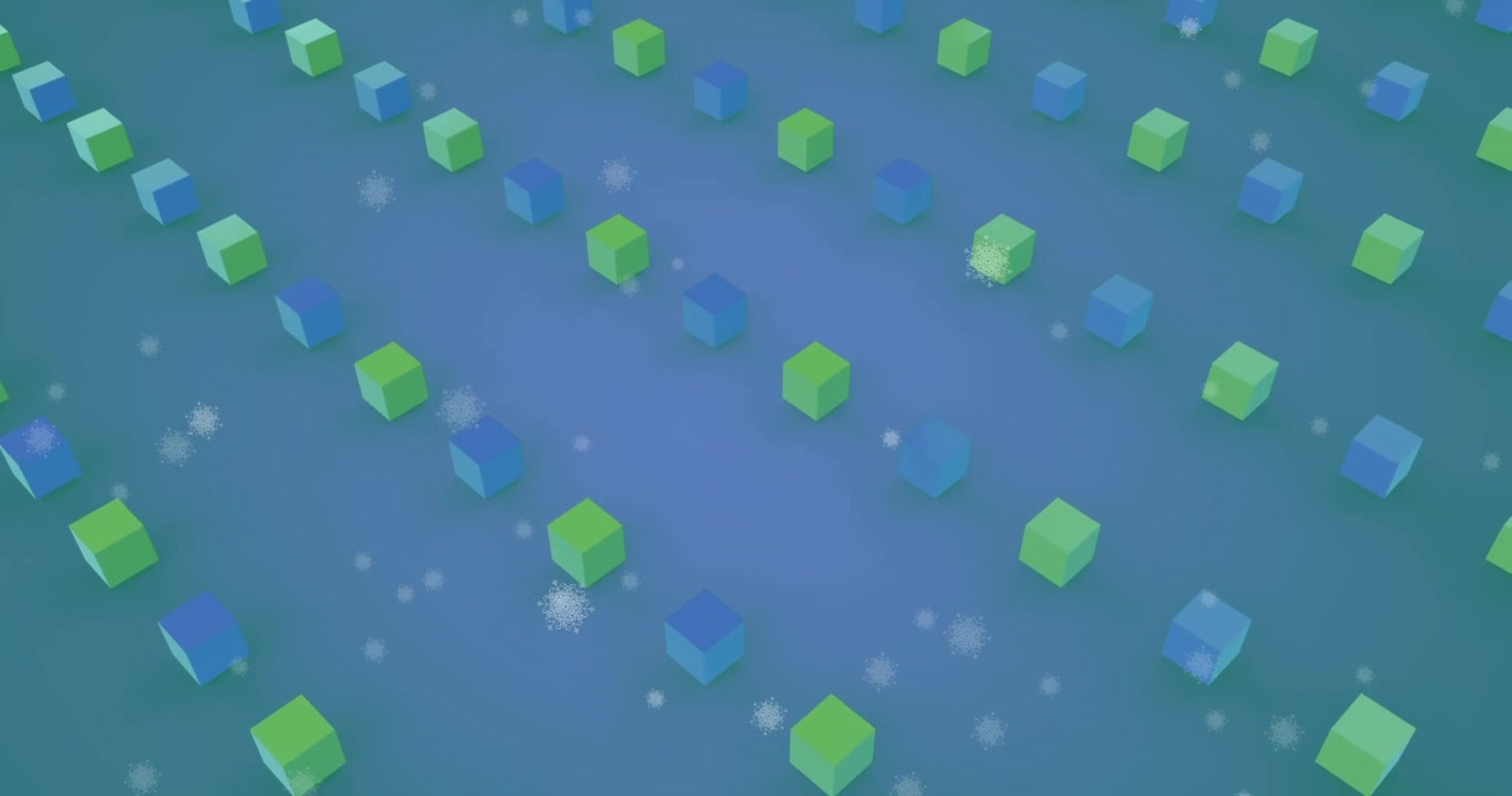 Abstract Animation of Floating Blue and Green Cubes with Falling Snowflakes