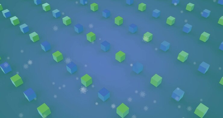Animazione astratta di cubi blu e verdi fluttuanti con fiocchi di neve cadenti