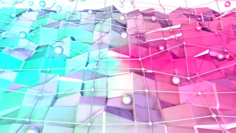 low poly 3d surface with flying grid or mesh and moving spheres as high tech background. soft geometric low poly background of pure blue pink red polygons. 4k fullhd seamless loop background