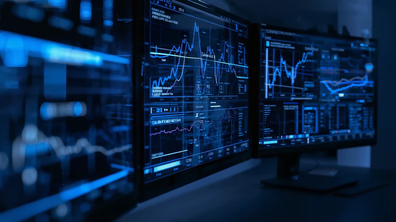 Panning camera showing three curved monitors at trading desk tracking live market charts