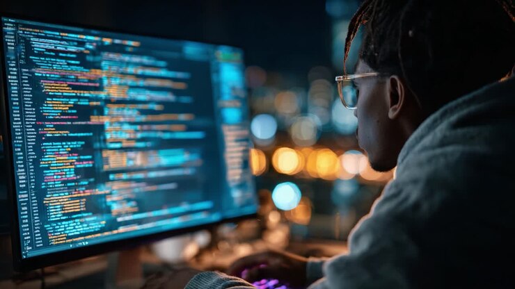 Focused Programmer Analyzing Lines of Code on a High-Resolution Screen While Surrounded by Blurred City Lights During Nighttime