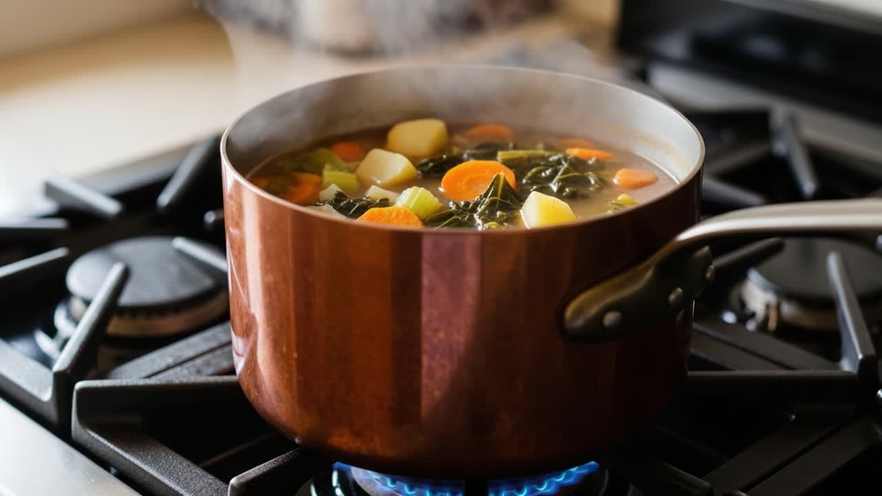 An Exquisite Cooking Experience: A Pot of Vegetables Simmering on the Stove, Bursting with Flavor and Aroma, Creating a Deliciously Hearty Broth and a Cozy Ambiance