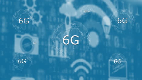 animación de texto de 6g sobre procesamiento de datos con iconos en fondo azul.