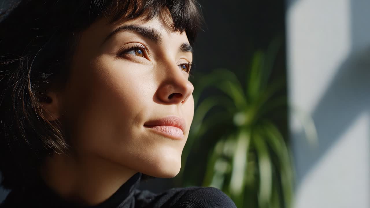 A thoughtful young woman in a serene setting, gazes reflectively while basking in the gentle sunlight, embodying tranquility and an introspective mood amid a lush green backdrop, evoking feelings of peace and contemplation