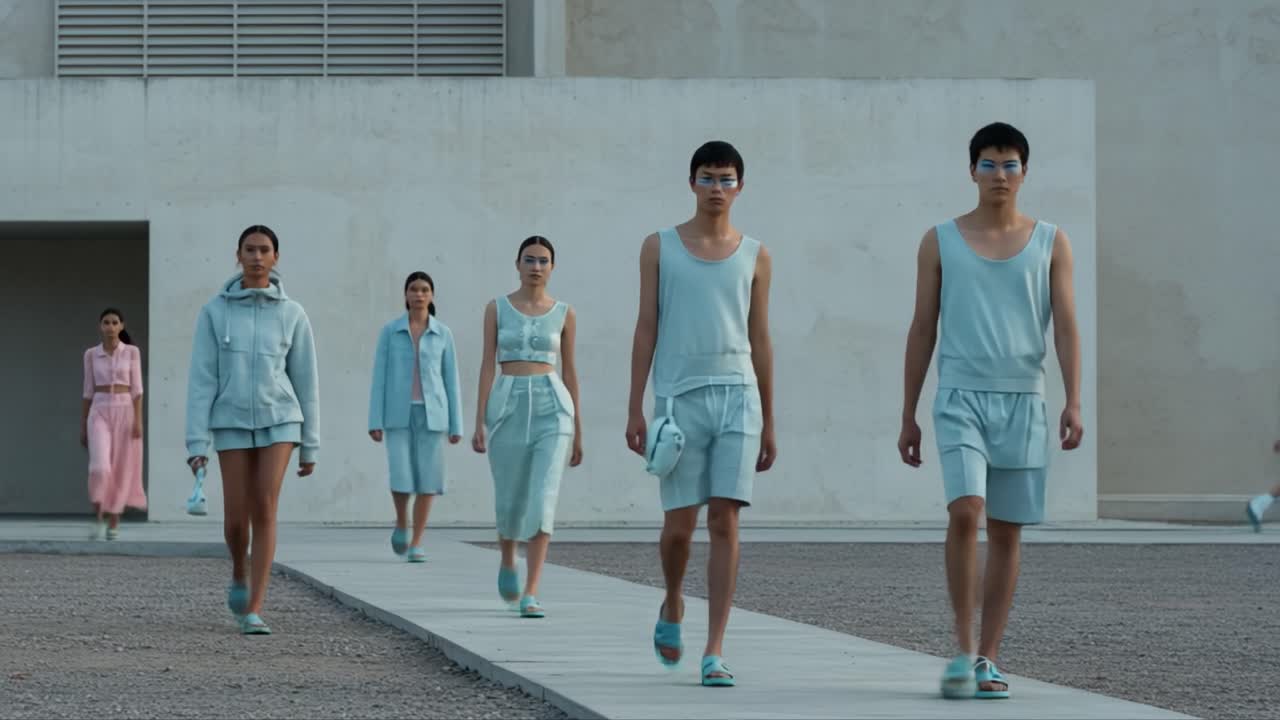 A Stylish Showcase: Models in Mint Green Attire Walk Down the Runway, Displaying Modern Fashion Trends in a Contemporary Setting