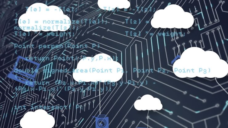 Animation of data processing and clouds over integrated circuit