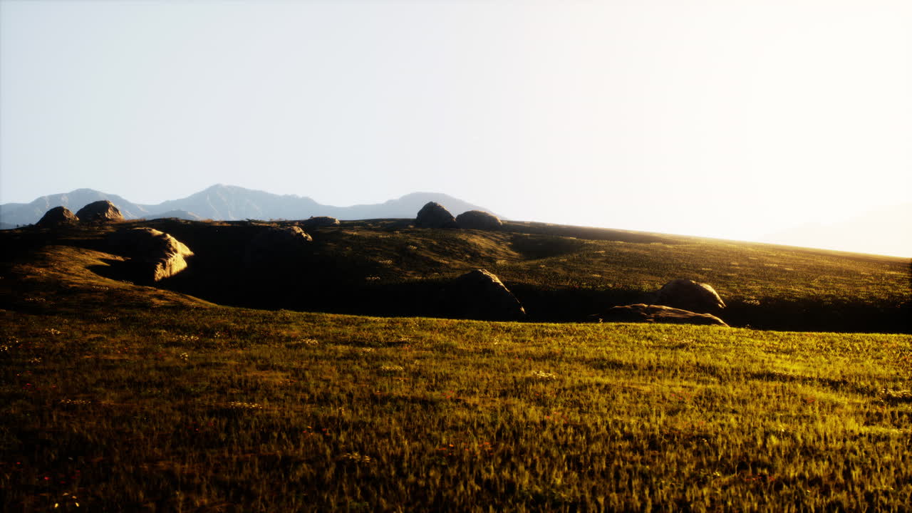 멀리서 산이 있고 앞면에 풀이 있는 아름다운 풍경