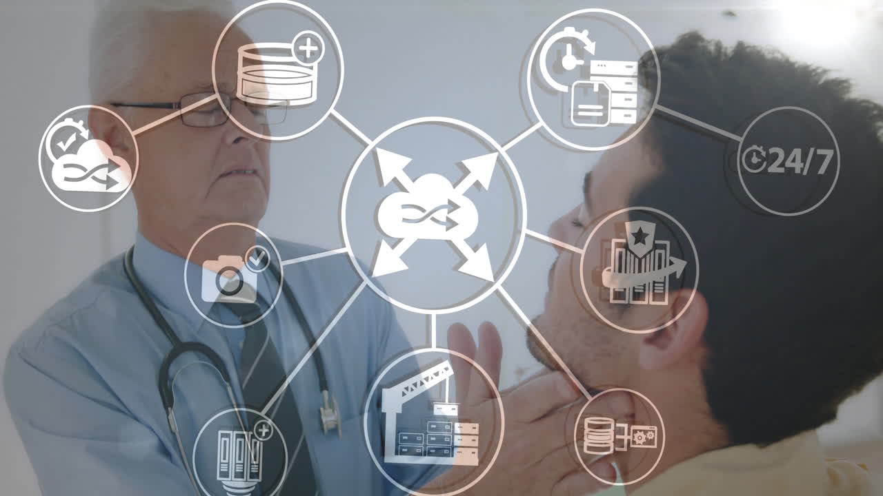 환자를 검사하는 백인 남성 의사에 대한 아이콘과 연결 네트워크의 애니메이션