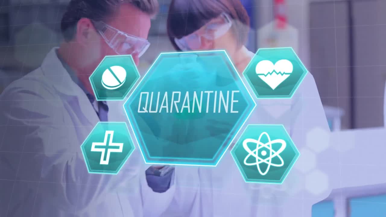 녹색 의료 아이콘에는 격리라는 단어가 쓰여져 있습니다. 과학자들이 일하고 있습니다. 코로나19의 확산