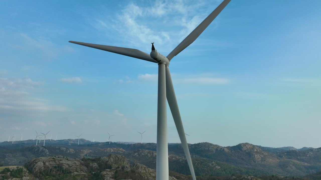 Renewable energy flows as wind turbines turn in coastal breeze.