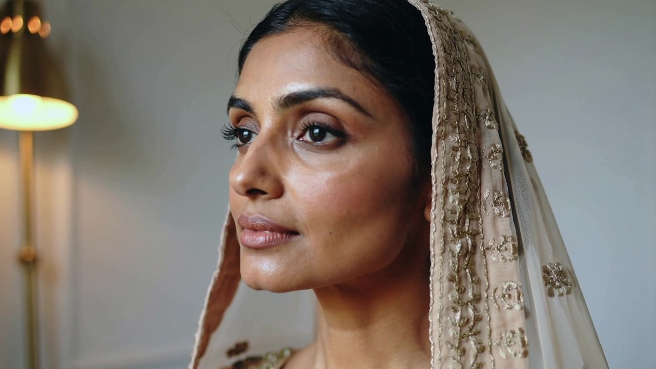 Camera rolling, woman in gold dupatta opening eyes gazing right turning chin for portrait with lamp