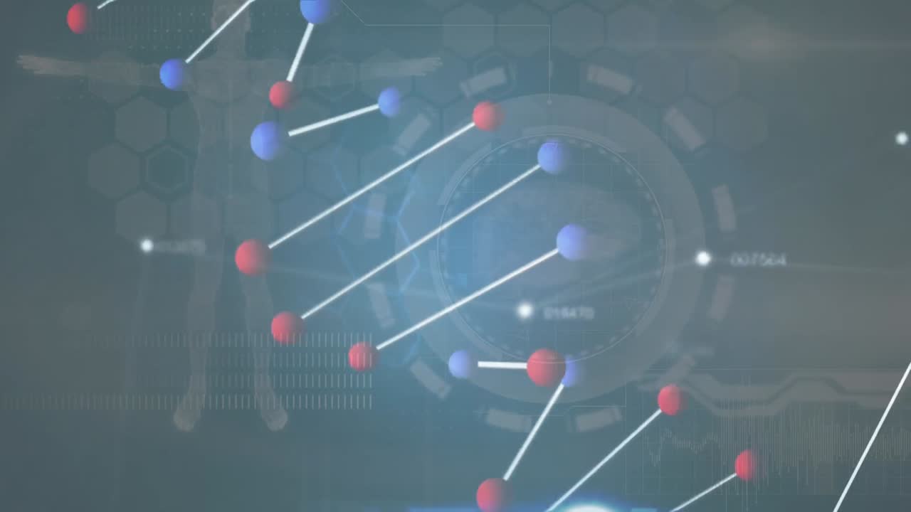 데이터 처리 위에서 회전하는 dna 가닥의 애니메이션