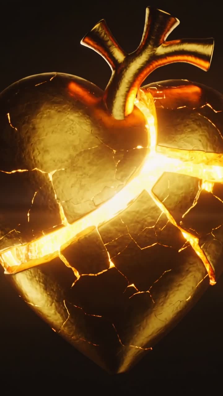 Video verticale: cucitura incandescente lungo la fessura che crea un'aorta a forma di cuore dorato che si spezza per il calore interno sul nero