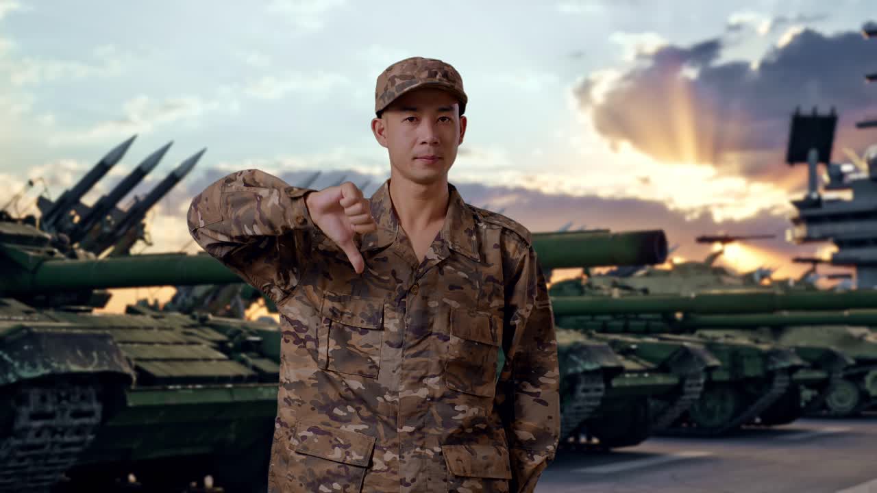Азиат, солдат, показывает жест «палец вниз» в камеру, стоя рядом с танком