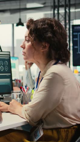 vertical video female employee in a high end office analyzing performance metrics