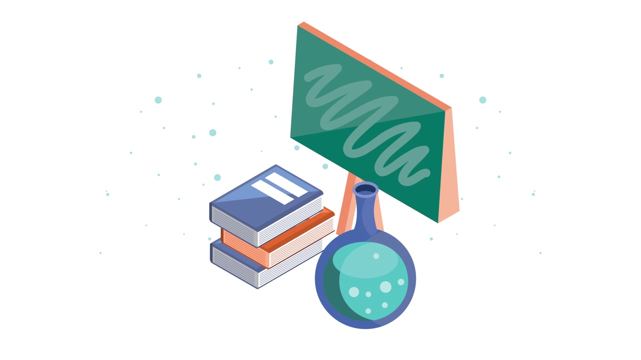 Animazione in stile isometrico con lavagna e libri