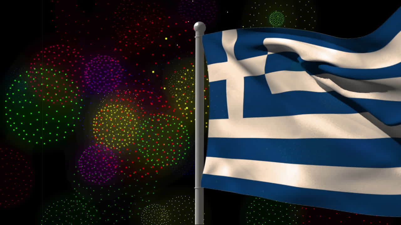 검은색 배경에 그리스 발과 불꽃놀이의 애니메이션