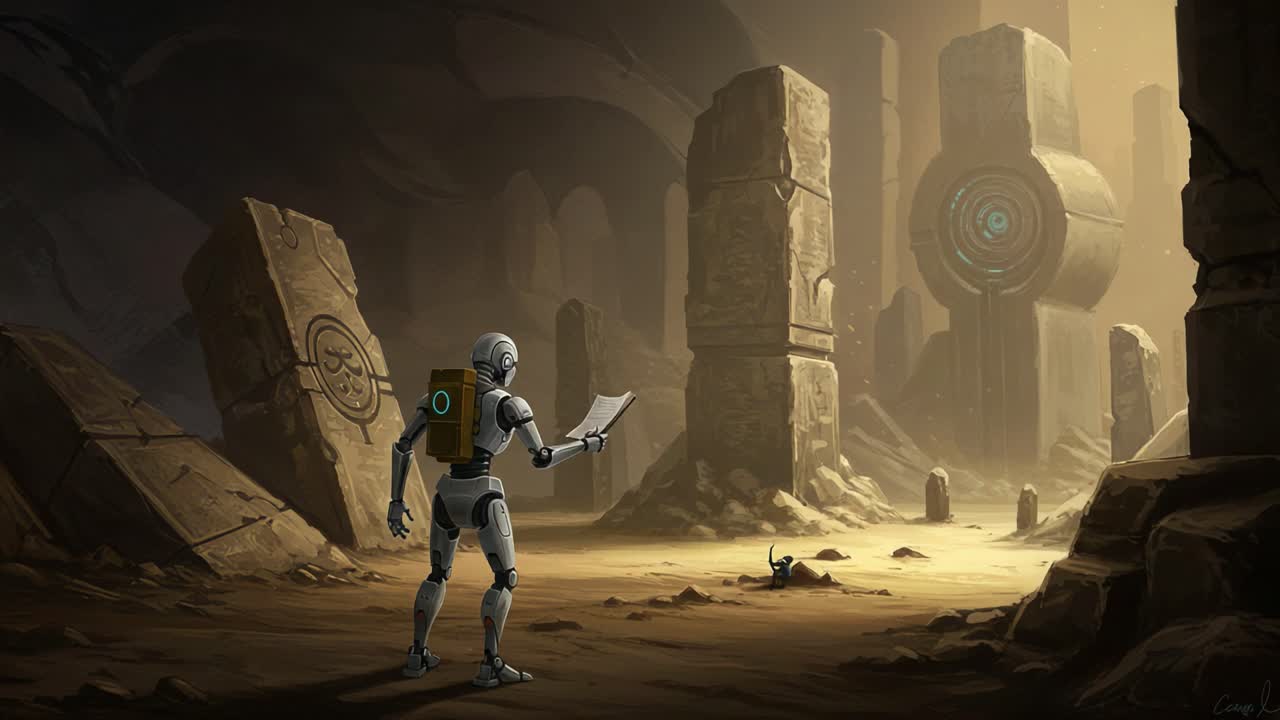 A Mysterious Exploration of Ancient Ruins: A Robot Discovers Intriguing Symbols and Technology Amidst Enigmatic Structures in a Shadowy Landscape