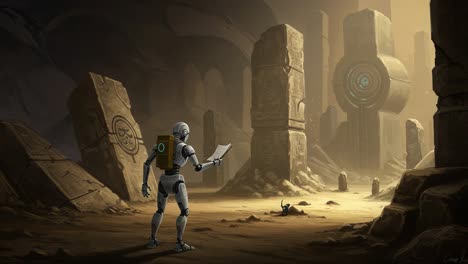 a mysterious exploration of ancient ruins: a robot discovers intriguing symbols and technology amidst enigmatic structures in a shadowy landscape