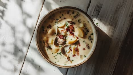 close-up of a bowl of creamy clam chowder with potatoes, bacon, and parsley