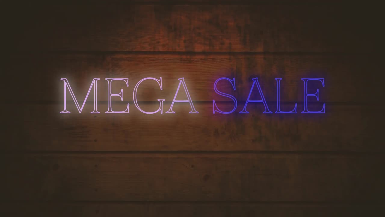 animación del texto de mega venta en neón blanco y azul sobre tablas de madera