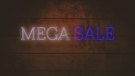Animation-of-mega-sale-text-in-white-and-blue-neon-over-wooden-boards