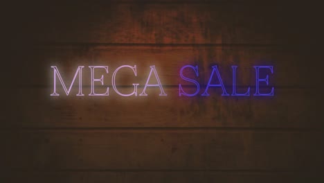 animación del texto de mega venta en neón blanco y azul sobre tablas de madera