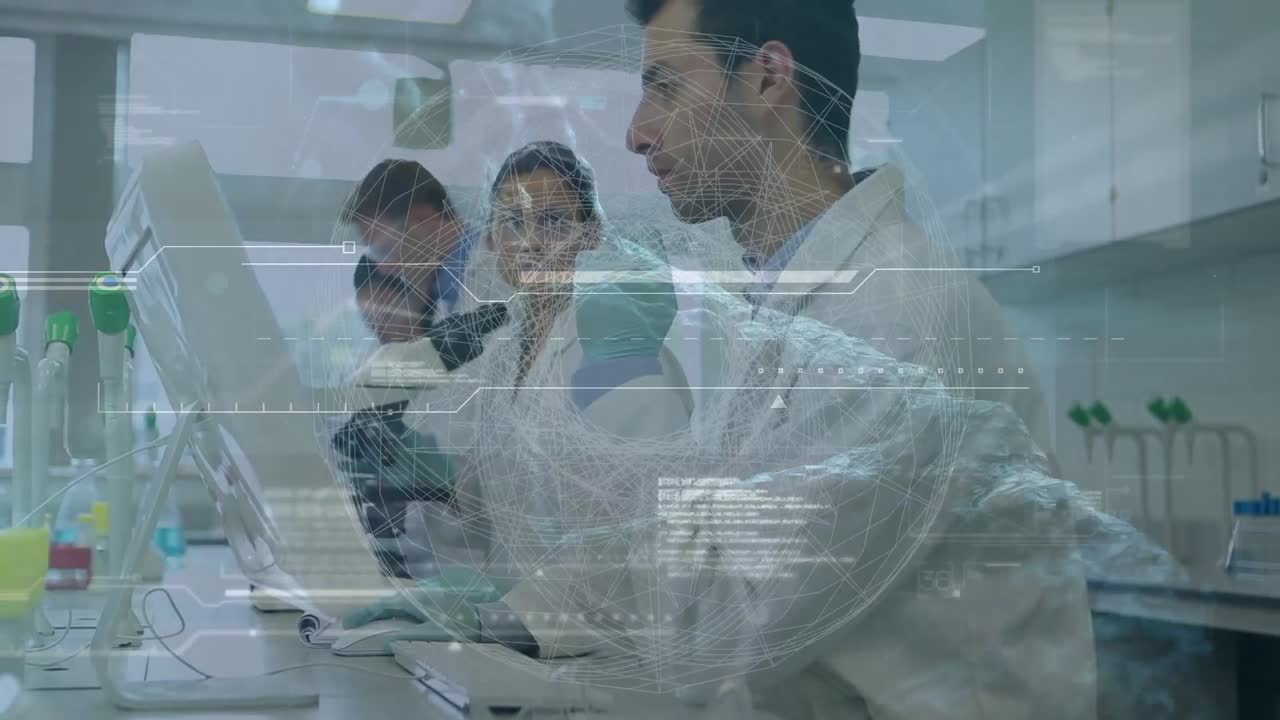 animación de redes, procesamiento de datos y globo sobre diversos científicos en el laboratorio