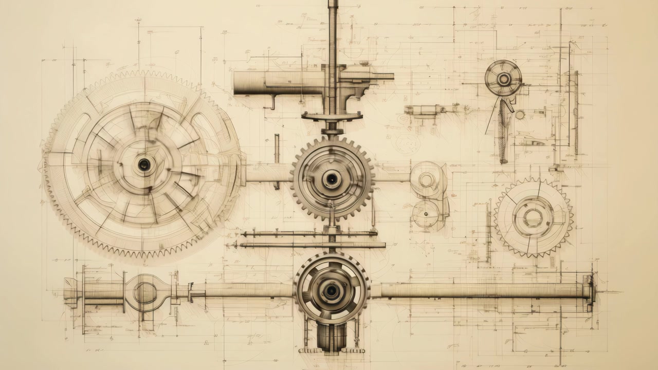 Technical Blueprint of Rotating Mechanical Gears and Machinery