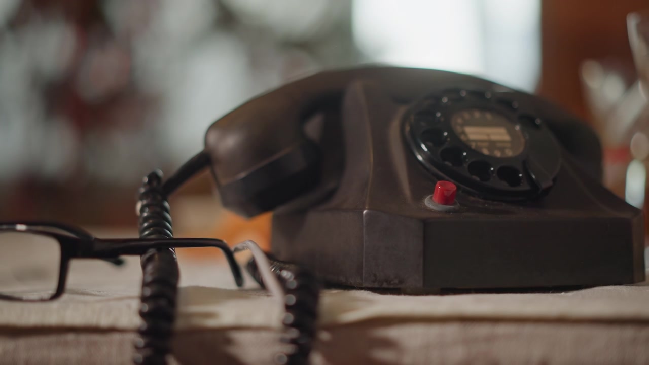 Atmosfera telefonica vintage. Telefono vecchio stile accompagnato da luce delicata e vetreria elegante. Telefono a disco antico posizionato vicino a un tavolo delicatamente illuminato con bicchieri di cristallo e uno sfondo accogliente.
