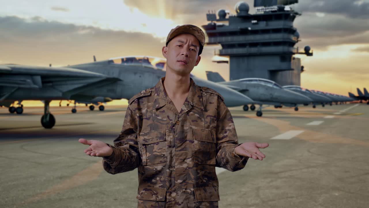 Soldier on an Aircraft Carrier at Sunset