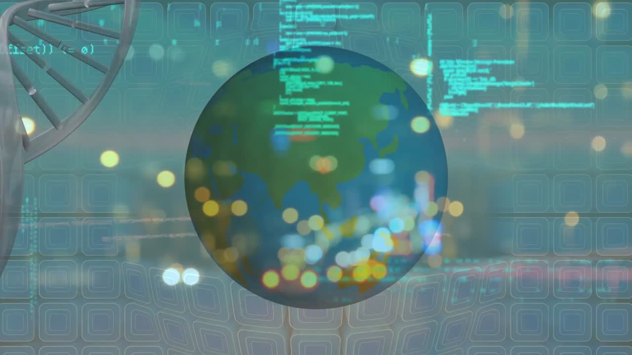 dna 구조의 애니메이션과 밤 도시 교통에 대항하여 회전하는 지구상에서 데이터 처리를