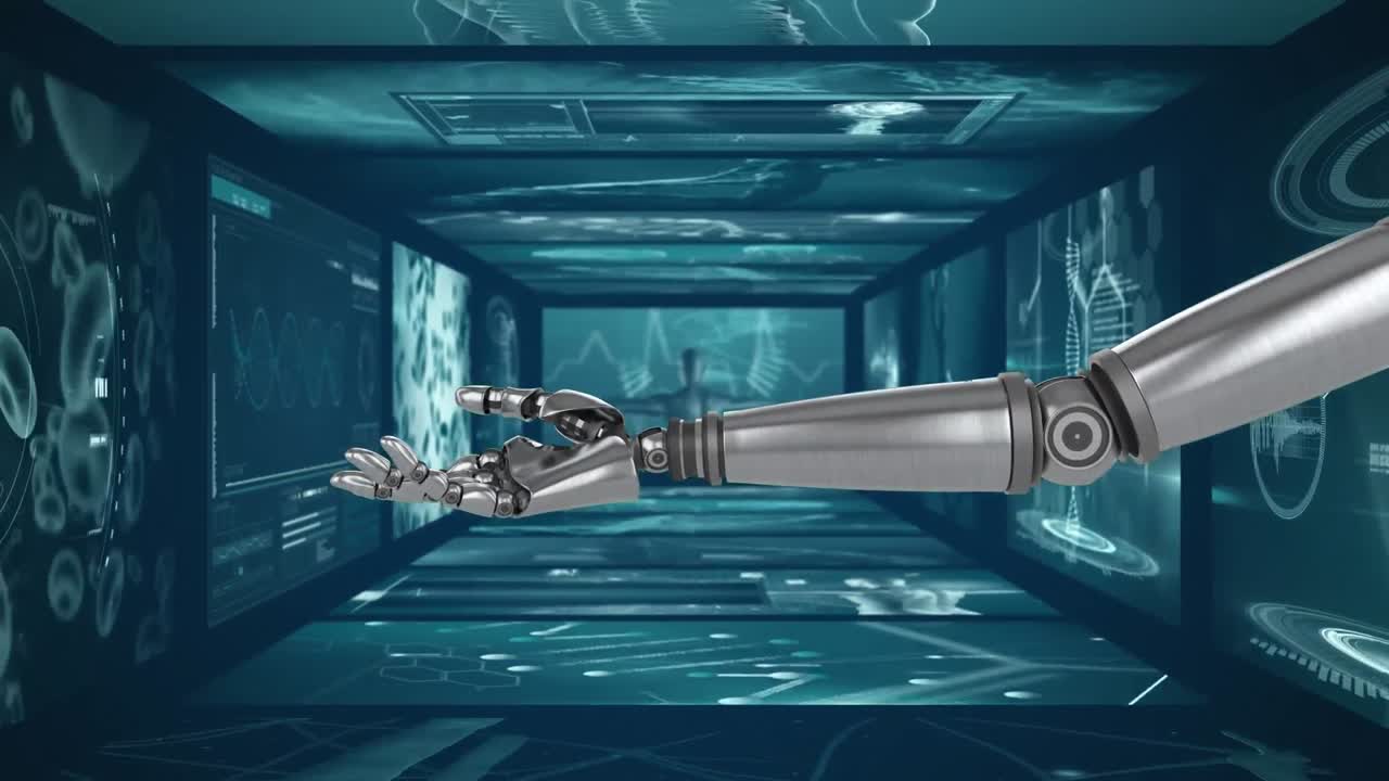 video generado digitalmente de la mano robótica y el procesamiento de datos médicos