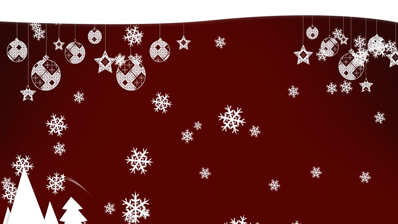 animación de nieve cayendo sobre las decoraciones de navidad sobre fondo borgoña
